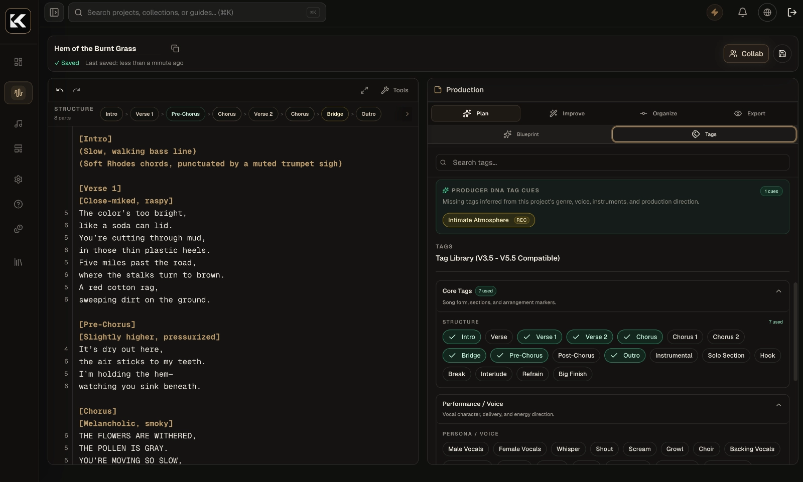 Kordra Workspace mit Lyrics, Style-Tags und Produktionsfunktionen