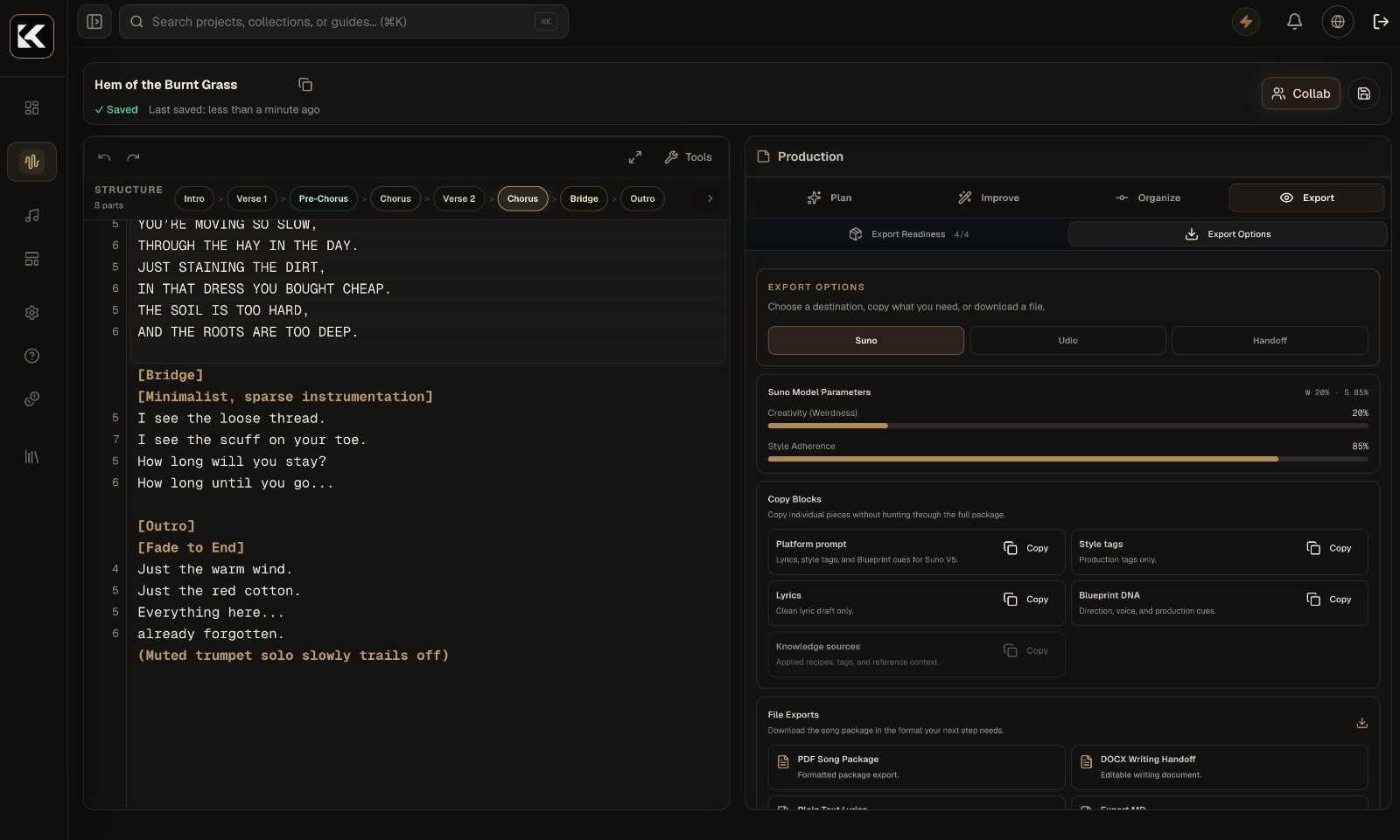 Export-Workspace für Hem of the burnt grass mit Readiness-Benchmark, Export-Checkliste, Suno- und Udio-Handoff sowie kopierbaren Blöcken