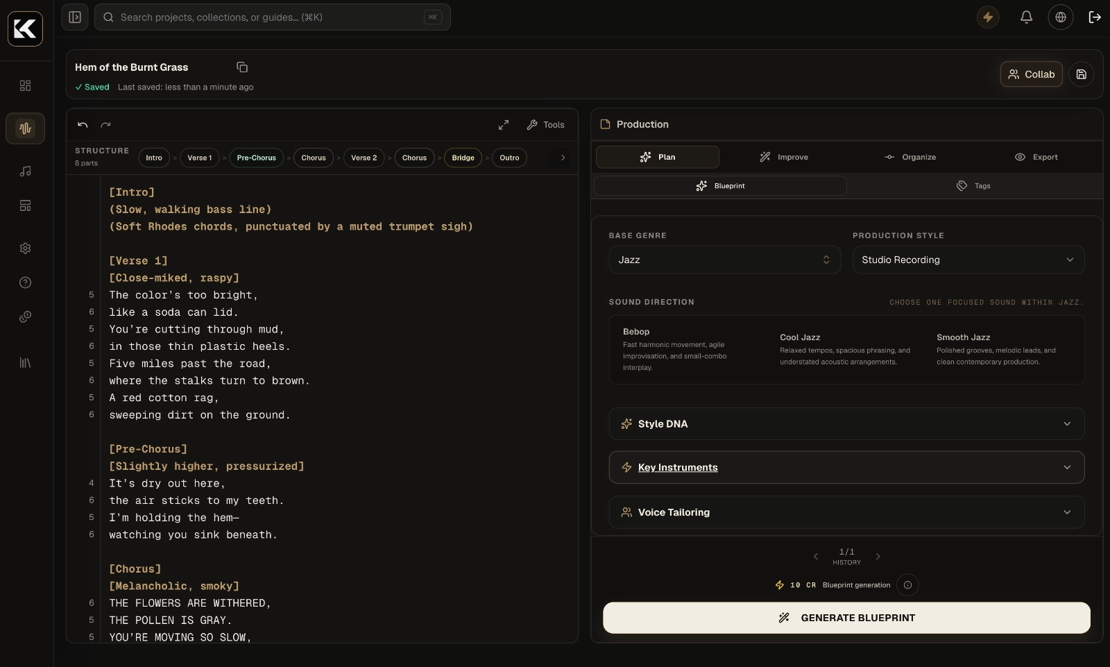 Kordra workflow showing genre selection, song planning, review, and export controls
