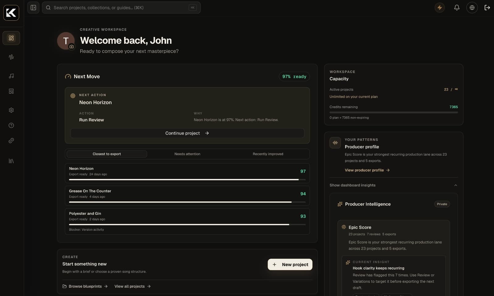 Kordra Music dashboard with project readiness and next actions